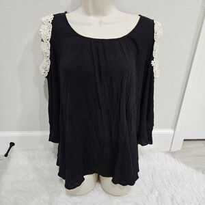 Neiman Marcus Black Cold-Shoulder Tunic with White Crochet Trim